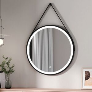 Emke - Round Demister Mirror Bathroom led Mirror with Leather Dimmable Black Illuminated mirror, 800mm Emke - Round Demister Mirror Bathroom led Mirror with Leather Dimmable Black Illuminated mirror, 800mm