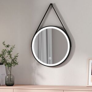 Round led Mirror Black Frame Leather Strap Illuminated Bathroom Mirror with Lights, Touch Control, Brightness Adjustable, 500mm - Emke Round led Mirror Black Frame Leather Strap Illuminated Bathroom Mirror with Lights, Touch Control, Brightness Adjustable, 500mm - Emke