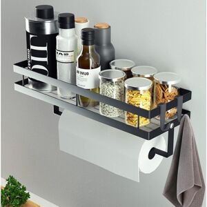 READCLY Wall-mounted spice rack without drilling, hanging spice storage shelf with kitchen roll holder and 4 removable hooks, 35 cm Black… READCLY Wall-mounted spice rack without drilling, hanging spice storage shelf with kitchen roll holder and 4 removable hooks, 35 cm Black…