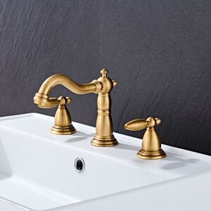 SHUNLI European Antique Gold Brushed Brass Bathroom Faucet, Double Handle Hot and Cold Water Tap, Retro Faucet with Hose SHUNLI European Antique Gold Brushed Brass Bathroom Faucet, Double Handle Hot and Cold Water Tap, Retro Faucet with Hose