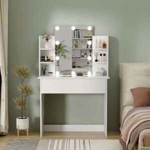 FURNITURE HMD White LED Dressing Table with Mirror, 3 Color Modes, 1 Drawer & 4 Shelves Modern Vanity Desk with Bulb Lights for Bedroom Space-Saving FURNITURE HMD White LED Dressing Table with Mirror, 3 Color Modes, 1 Drawer & 4 Shelves Modern Vanity Desk with Bulb Lights for Bedroom Space-Saving