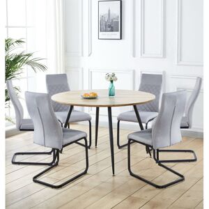 Hallowood Furniture - Cullompton Large Round Dining Table Set of 6, Light Oak Effect Top & Grey Fabric High Back Chairs - 1.2m Kitchen Table and Hallowood Furniture - Cullompton Large Round Dining Table Set of 6, Light Oak Effect Top & Grey Fabric High Back Chairs - 1.2m Kitchen Table and
