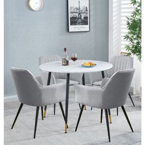 Hallowood Furniture Finley Small Round Dining Table and Chairs Set 4, White Marble Effect Kitchen Table and Grey Fabric Chairs with Armrest, Set for Hallowood Furniture Finley Small Round Dining Table and Chairs Set 4, White Marble Effect Kitchen Table and Grey Fabric Chairs with Armrest, Set for