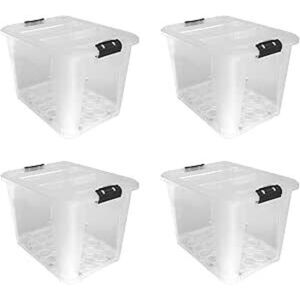 JVL - Plastic Secure Clip Lidded Storage Box with Wheels, Stackable & Nestable, Clear, Set of 4, 60L JVL - Plastic Secure Clip Lidded Storage Box with Wheels, Stackable & Nestable, Clear, Set of 4, 60L