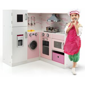 COSTWAY Kids Corner Kitchen Playset Pretend Wooden Play Kitchen Toy W/ Apron Chef Hat COSTWAY Kids Corner Kitchen Playset Pretend Wooden Play Kitchen Toy W/ Apron Chef Hat