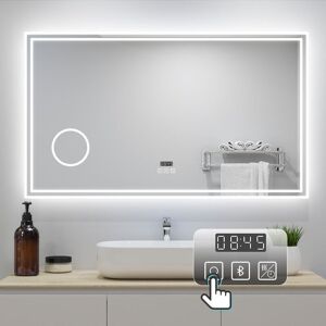 Aica Sanitaire - led Bathroom Mirror with led Lights and Demister Touch Sensor Wall Mounted - 1200x700mm Bluetooth+Magnify+Clock+Dimmable 3 Light Aica Sanitaire - led Bathroom Mirror with led Lights and Demister Touch Sensor Wall Mounted - 1200x700mm Bluetooth+Magnify+Clock+Dimmable 3 Light