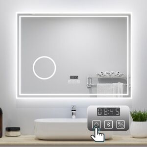 Aica Sanitaire - led Bathroom Mirror with led Lights and Demister Touch Sensor Wall Mounted - 800x600mm Bluetooth+Magnify+Clock+Dimmable 3 Light Aica Sanitaire - led Bathroom Mirror with led Lights and Demister Touch Sensor Wall Mounted - 800x600mm Bluetooth+Magnify+Clock+Dimmable 3 Light