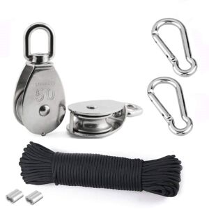 TONCHEAN Lifting Pulley, 2 Pieces 50MM 304 Stainless Steel Pulley, 2 Pieces M50 Single Pulley, for Ropes and Cables, with 8mm Climbing Rope 20M TONCHEAN Lifting Pulley, 2 Pieces 50MM 304 Stainless Steel Pulley, 2 Pieces M50 Single Pulley, for Ropes and Cables, with 8mm Climbing Rope 20M