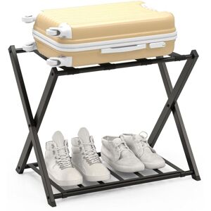 Costway - Luggage Rack Folding Suitcase Stand with Storage Shelf-Black Costway - Luggage Rack Folding Suitcase Stand with Storage Shelf-Black