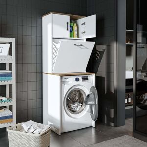 ROOMART Luna Washing Machine Cabinet with Built In Laundry Basket and Storage Cupboards, Oak Effect and White ROOMART Luna Washing Machine Cabinet with Built In Laundry Basket and Storage Cupboards, Oak Effect and White