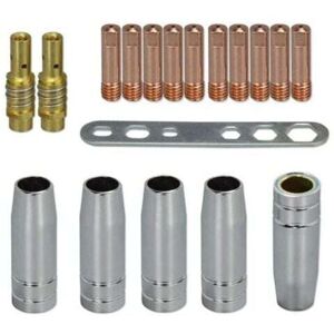 MB15 15AK 0.8 mm M6 contact tip and tip holder, diffuser and protective cup for MB15 15AK mig welding torch, 18 pieces Mumu MB15 15AK 0.8 mm M6 contact tip and tip holder, diffuser and protective cup for MB15 15AK mig welding torch, 18 pieces Mumu