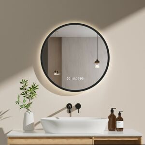 Meykoers - Bathroom Mirror 60cm Round led Illuminated Black Frame Mirror with Demister, Clock, Touch Switch, Brightness Adjustable Meykoers - Bathroom Mirror 60cm Round led Illuminated Black Frame Mirror with Demister, Clock, Touch Switch, Brightness Adjustable