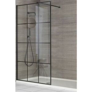 Barq - Recessed Walk In Wet Room Shower Enclosure with Black Grid Pattern Screen Support Arm and White Tray - 1100mm x 800mm - Milano Barq - Recessed Walk In Wet Room Shower Enclosure with Black Grid Pattern Screen Support Arm and White Tray - 1100mm x 800mm - Milano