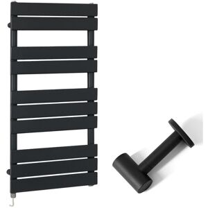 Milano - Lustro Electric - Modern Black Flat Panel Heated Towel Rail Radiator with Simple Heating Element and Cable Cover - 975mm x 450mm Milano - Lustro Electric - Modern Black Flat Panel Heated Towel Rail Radiator with Simple Heating Element and Cable Cover - 975mm x 450mm