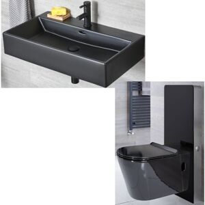 Nero - Black Ceramic Modern Wall Hung Toilet wc and 1 Tap Hole Bathroom Basin Sink - With wc Unit - Milano Nero - Black Ceramic Modern Wall Hung Toilet wc and 1 Tap Hole Bathroom Basin Sink - With wc Unit - Milano