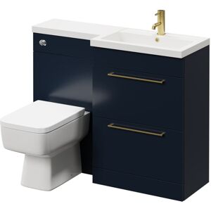 390 Combination Deep Blue 1100mm Vanity Unit Toilet Suite with Right Hand l Shaped 1 Tap Hole Basin and 2 Drawers with Brushed Brass Handles - Napoli 390 Combination Deep Blue 1100mm Vanity Unit Toilet Suite with Right Hand l Shaped 1 Tap Hole Basin and 2 Drawers with Brushed Brass Handles - Napoli
