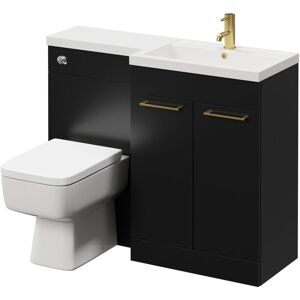390 Combination Matt Black 1100mm Vanity Unit Toilet Suite with Right Hand l Shaped 1 Tap Hole Basin and 2 Doors with Brushed Brass Handles - Napoli 390 Combination Matt Black 1100mm Vanity Unit Toilet Suite with Right Hand l Shaped 1 Tap Hole Basin and 2 Doors with Brushed Brass Handles - Napoli