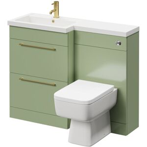 390 Combination Olive Green 1100mm Vanity Unit Toilet Suite with Left Hand l Shaped 1 Tap Hole Basin and 2 Drawers with Brushed Brass Handles - Napoli 390 Combination Olive Green 1100mm Vanity Unit Toilet Suite with Left Hand l Shaped 1 Tap Hole Basin and 2 Drawers with Brushed Brass Handles - Napoli