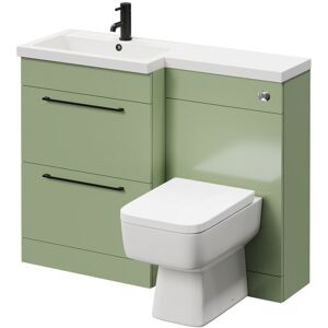 390 Combination Olive Green 1100mm Vanity Unit Toilet Suite with Left Hand l Shaped 1 Tap Hole Basin and 2 Drawers with Matt Black Handles - Napoli 390 Combination Olive Green 1100mm Vanity Unit Toilet Suite with Left Hand l Shaped 1 Tap Hole Basin and 2 Drawers with Matt Black Handles - Napoli