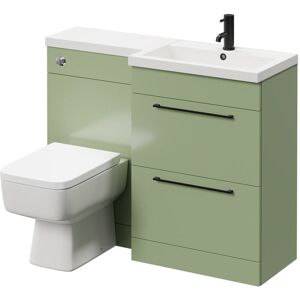 390 Combination Olive Green 1100mm Vanity Unit Toilet Suite with Right Hand l Shaped 1 Tap Hole Basin and 2 Drawers with Matt Black Handles - Napoli 390 Combination Olive Green 1100mm Vanity Unit Toilet Suite with Right Hand l Shaped 1 Tap Hole Basin and 2 Drawers with Matt Black Handles - Napoli