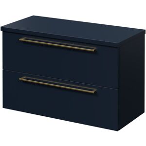 Napoli - 390 Deep Blue 800mm Wall Mounted Vanity Unit for Countertop Basins with 2 Drawers and Brushed Brass Handles Napoli - 390 Deep Blue 800mm Wall Mounted Vanity Unit for Countertop Basins with 2 Drawers and Brushed Brass Handles