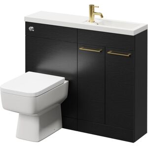 Combination Nero Oak 1000mm Vanity Unit Toilet Suite with Slimline 1 Tap Hole Basin and 2 Doors with Brushed Brass Handles - Napoli Combination Nero Oak 1000mm Vanity Unit Toilet Suite with Slimline 1 Tap Hole Basin and 2 Doors with Brushed Brass Handles - Napoli