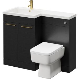 Combination Nero Oak 1100mm Vanity Unit Toilet Suite with Left Hand l Shaped 1 Tap Hole Basin and 2 Doors with Brushed Brass Handles - Napoli Combination Nero Oak 1100mm Vanity Unit Toilet Suite with Left Hand l Shaped 1 Tap Hole Basin and 2 Doors with Brushed Brass Handles - Napoli