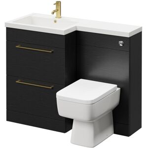 Combination Nero Oak 1100mm Vanity Unit Toilet Suite with Left Hand l Shaped 1 Tap Hole Basin and 2 Drawers with Brushed Brass Handles - Napoli Combination Nero Oak 1100mm Vanity Unit Toilet Suite with Left Hand l Shaped 1 Tap Hole Basin and 2 Drawers with Brushed Brass Handles - Napoli