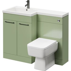 Combination Olive Green 1100mm Vanity Unit Toilet Suite with Left Hand l Shaped 1 Tap Hole Basin and 2 Doors with Gunmetal Grey Handles - Napoli Combination Olive Green 1100mm Vanity Unit Toilet Suite with Left Hand l Shaped 1 Tap Hole Basin and 2 Doors with Gunmetal Grey Handles - Napoli