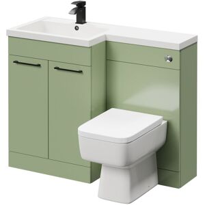 Combination Olive Green 1100mm Vanity Unit Toilet Suite with Left Hand l Shaped 1 Tap Hole Basin and 2 Doors with Matt Black Handles - Napoli Combination Olive Green 1100mm Vanity Unit Toilet Suite with Left Hand l Shaped 1 Tap Hole Basin and 2 Doors with Matt Black Handles - Napoli