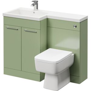 Combination Olive Green 1100mm Vanity Unit Toilet Suite with Left Hand l Shaped 1 Tap Hole Basin and 2 Doors with Polished Chrome Handles - Napoli Combination Olive Green 1100mm Vanity Unit Toilet Suite with Left Hand l Shaped 1 Tap Hole Basin and 2 Doors with Polished Chrome Handles - Napoli