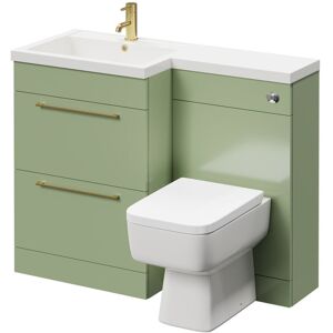 Combination Olive Green 1100mm Vanity Unit Toilet Suite with Left Hand l Shaped 1 Tap Hole Basin and 2 Drawers with Brushed Brass Handles - Napoli Combination Olive Green 1100mm Vanity Unit Toilet Suite with Left Hand l Shaped 1 Tap Hole Basin and 2 Drawers with Brushed Brass Handles - Napoli