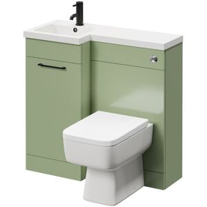 Combination Olive Green 900mm Vanity Unit Toilet Suite with Left Hand l Shaped 1 Tap Hole Basin and Single Door with Matt Black Handle - Napoli Combination Olive Green 900mm Vanity Unit Toilet Suite with Left Hand l Shaped 1 Tap Hole Basin and Single Door with Matt Black Handle - Napoli
