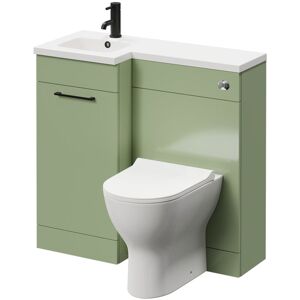 Combination Olive Green 900mm Vanity Unit Toilet Suite with Left Hand l Shaped 1 Tap Hole Round Basin and Single Door with Matt Black Handle - Napoli Combination Olive Green 900mm Vanity Unit Toilet Suite with Left Hand l Shaped 1 Tap Hole Round Basin and Single Door with Matt Black Handle - Napoli