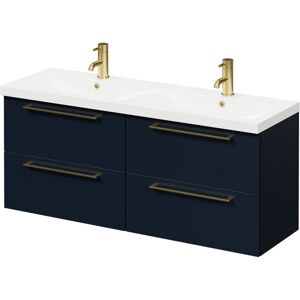 Deep Blue 1200mm Wall Mounted Vanity Unit with Ceramic Double Basin and 4 Drawers with Brushed Brass Handles - Napoli Deep Blue 1200mm Wall Mounted Vanity Unit with Ceramic Double Basin and 4 Drawers with Brushed Brass Handles - Napoli