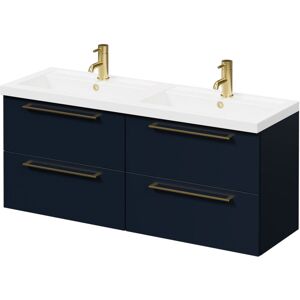 Deep Blue 1200mm Wall Mounted Vanity Unit with Polymarble Double Basin and 4 Drawers with Brushed Brass Handles - Napoli Deep Blue 1200mm Wall Mounted Vanity Unit with Polymarble Double Basin and 4 Drawers with Brushed Brass Handles - Napoli