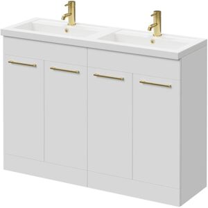 Gloss White 1200mm Floor Standing Vanity Unit with Polymarble Double Basin and 4 Doors with Brushed Brass Handles - Napoli Gloss White 1200mm Floor Standing Vanity Unit with Polymarble Double Basin and 4 Doors with Brushed Brass Handles - Napoli