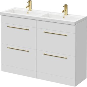 Gloss White 1200mm Floor Standing Vanity Unit with Polymarble Double Basin and 4 Drawers with Brushed Brass Handles - Napoli Gloss White 1200mm Floor Standing Vanity Unit with Polymarble Double Basin and 4 Drawers with Brushed Brass Handles - Napoli