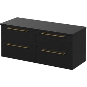 Napoli - Nero Oak 1200mm Wall Mounted Vanity Unit for Countertop Basins with 4 Drawers and Brushed Brass Handles Napoli - Nero Oak 1200mm Wall Mounted Vanity Unit for Countertop Basins with 4 Drawers and Brushed Brass Handles