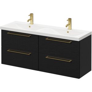 Nero Oak 1200mm Wall Mounted Vanity Unit with Ceramic Double Basin and 4 Drawers with Brushed Brass Handles - Napoli Nero Oak 1200mm Wall Mounted Vanity Unit with Ceramic Double Basin and 4 Drawers with Brushed Brass Handles - Napoli