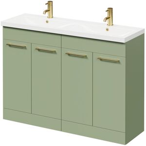 Olive Green 1200mm Floor Standing Vanity Unit with Ceramic Double Basin and 4 Doors with Brushed Brass Handles - Napoli Olive Green 1200mm Floor Standing Vanity Unit with Ceramic Double Basin and 4 Doors with Brushed Brass Handles - Napoli