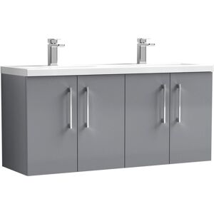 Nuie - Arno Satin Grey 1200mm Wall Hung 4 Door Vanity Unit with Double Ceramic Basins - ARN2223F Nuie - Arno Satin Grey 1200mm Wall Hung 4 Door Vanity Unit with Double Ceramic Basins - ARN2223F