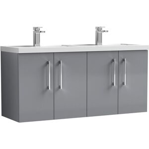 Nuie Arno Satin Grey 1200mm Wall Hung 4 Door Vanity Unit and Double Polymarble Basins - ARN2223C Nuie Arno Satin Grey 1200mm Wall Hung 4 Door Vanity Unit and Double Polymarble Basins - ARN2223C