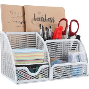 GROOFOO Organiseur de bureau en maille métallique 5 compartiments de rangement 1 tiroir avec pieds en caoutchouc anti-traces blanc GROOFOO Organiseur de bureau en maille métallique 5 compartiments de rangement 1 tiroir avec pieds en caoutchouc anti-traces blanc