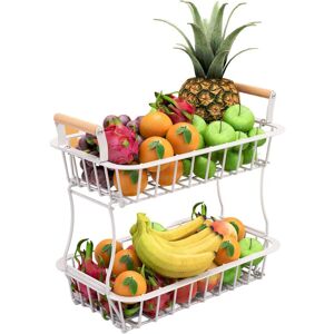 Relaxdays 2-tier fruit basket, kitchen fruit bowl, metal stand for fruit & vegetables, wooden handles, white Relaxdays 2-tier fruit basket, kitchen fruit bowl, metal stand for fruit & vegetables, wooden handles, white