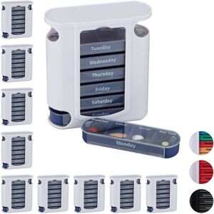 Set of 10 Relaxdays 7-Day Pill Towers, Weekly Medicine Boxes, 4 Compartments, Sliding Lids, Blue/White Set of 10 Relaxdays 7-Day Pill Towers, Weekly Medicine Boxes, 4 Compartments, Sliding Lids, Blue/White