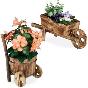 Wheelbarrow Planter, Set of 2, Burnt Wood, Garden Ornament, Vintage Design, for Flowers & Plants, Natural - Relaxdays Wheelbarrow Planter, Set of 2, Burnt Wood, Garden Ornament, Vintage Design, for Flowers & Plants, Natural - Relaxdays
