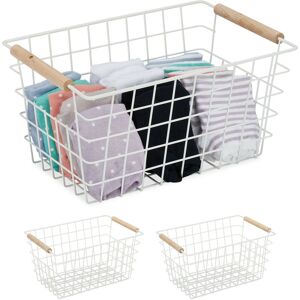 Relaxdays 3x Wire Basket, Wooden Handles, Square, Lattice Design, Clothes, Accessories, Metal Bin, 16x31x21 cm, White Relaxdays 3x Wire Basket, Wooden Handles, Square, Lattice Design, Clothes, Accessories, Metal Bin, 16x31x21 cm, White