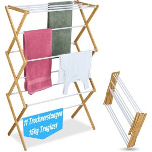 Relaxdays collapsible drying rack, 11 rods, HxWxD: 115 x 73 x 33 cm, bamboo, metal, tower rack, natural/white Relaxdays collapsible drying rack, 11 rods, HxWxD: 115 x 73 x 33 cm, bamboo, metal, tower rack, natural/white