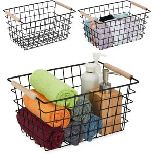 Wire Baskets, Set of 3, Wooden Handles, 16 x 31 x 21 cm, Shelf Tidy, Bathroom & Kitchen Organiser, Black - Relaxdays Wire Baskets, Set of 3, Wooden Handles, 16 x 31 x 21 cm, Shelf Tidy, Bathroom & Kitchen Organiser, Black - Relaxdays